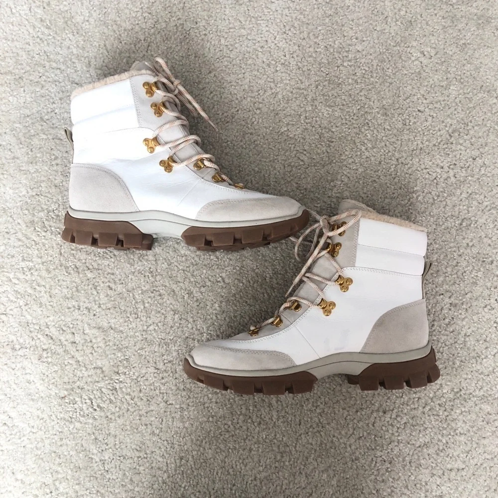 Veronica Beard Galina Boot In White And Snow Leather Lace up Boots Size 10.5